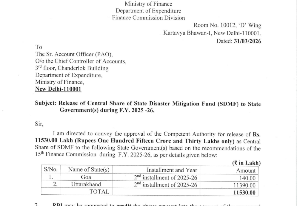 Centre Sends Rs 113.90 Crore to Uttarakhand for Disaster Preparedness — Money Goes Straight to State Account